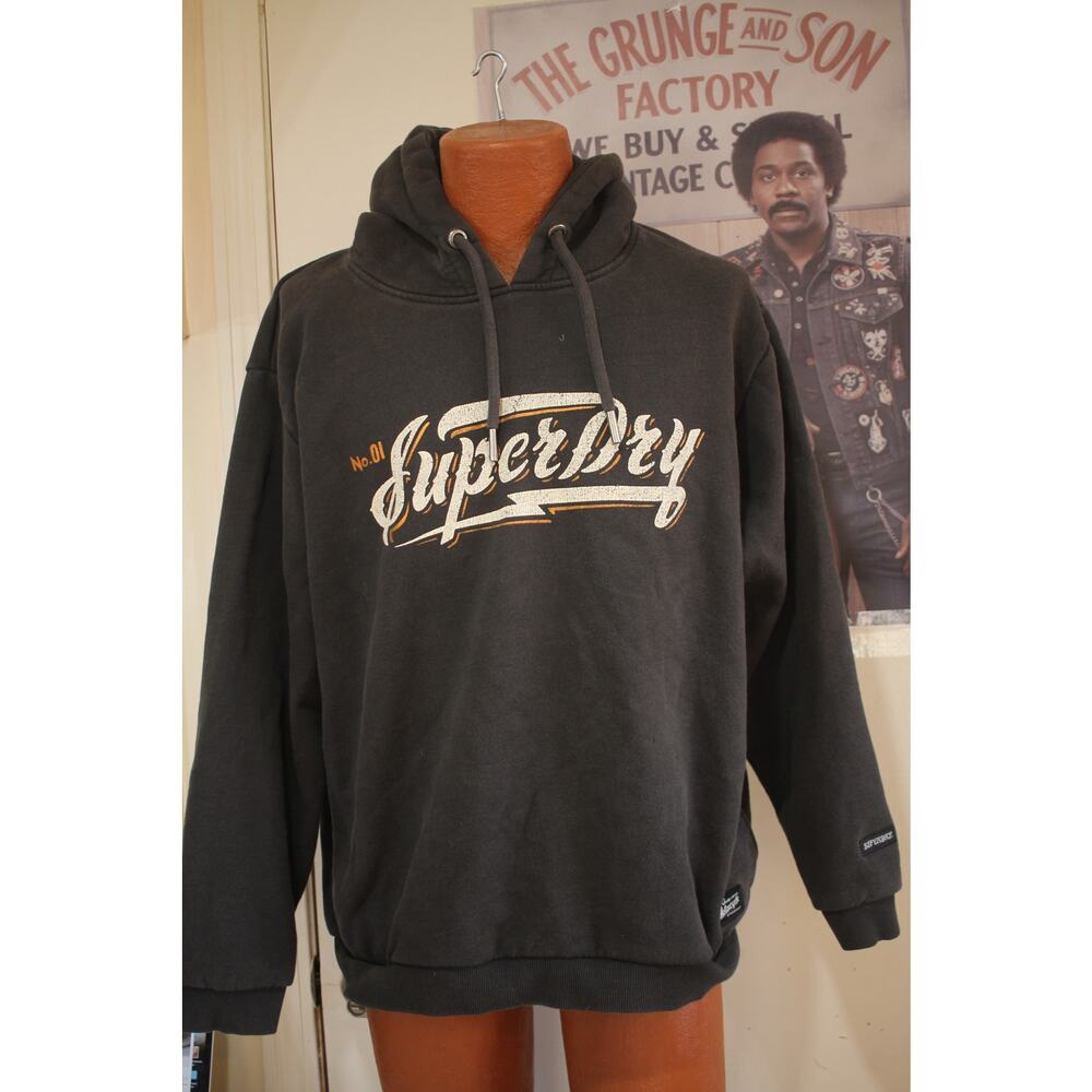 Superdry Hoodie Mens Medium Black Pullover Script Logo Motorcycle Streetwear